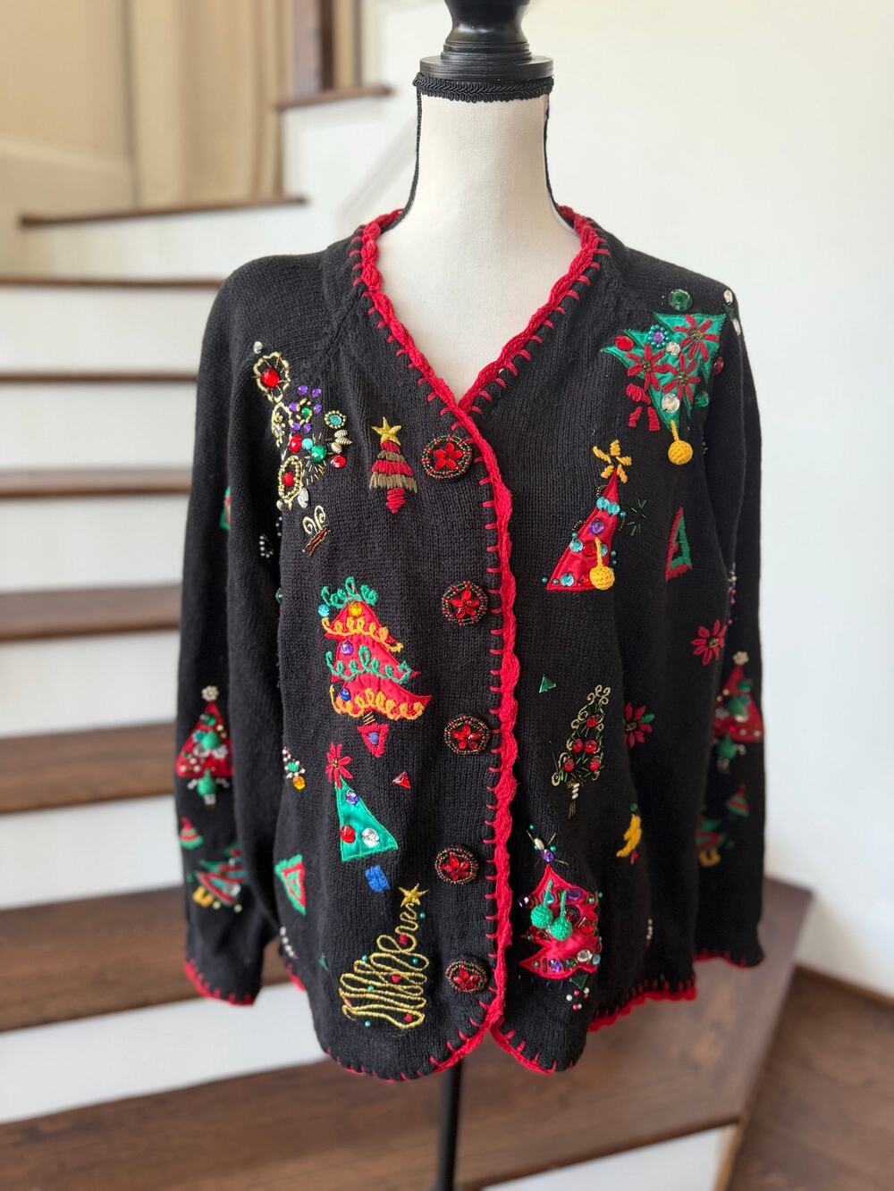 Vintage Black Christmas Tree Holiday Bedazzle Rhinestone Embroidered Cardigan